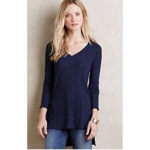 Anthropologie Deletta High-Low Tunic Top Navy Blue Ribbed Side‎ Buttons M